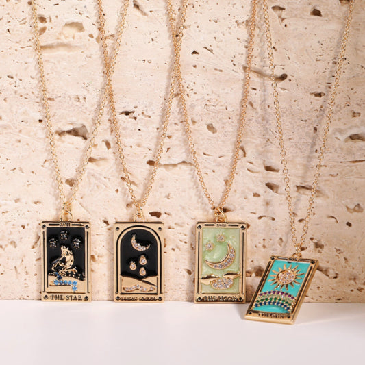 Gold Plated Vintage Tarot Cards Oil Paint Necklace